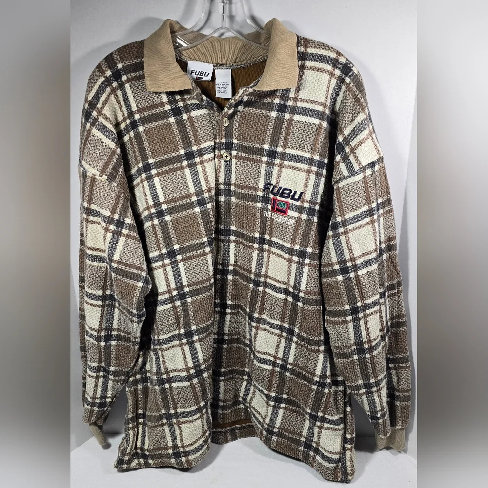 VINTAGE FUBU The Collection Shirt/Sweater LS Men's Adult Extra Large Brown Tan - Picture 1 of 13